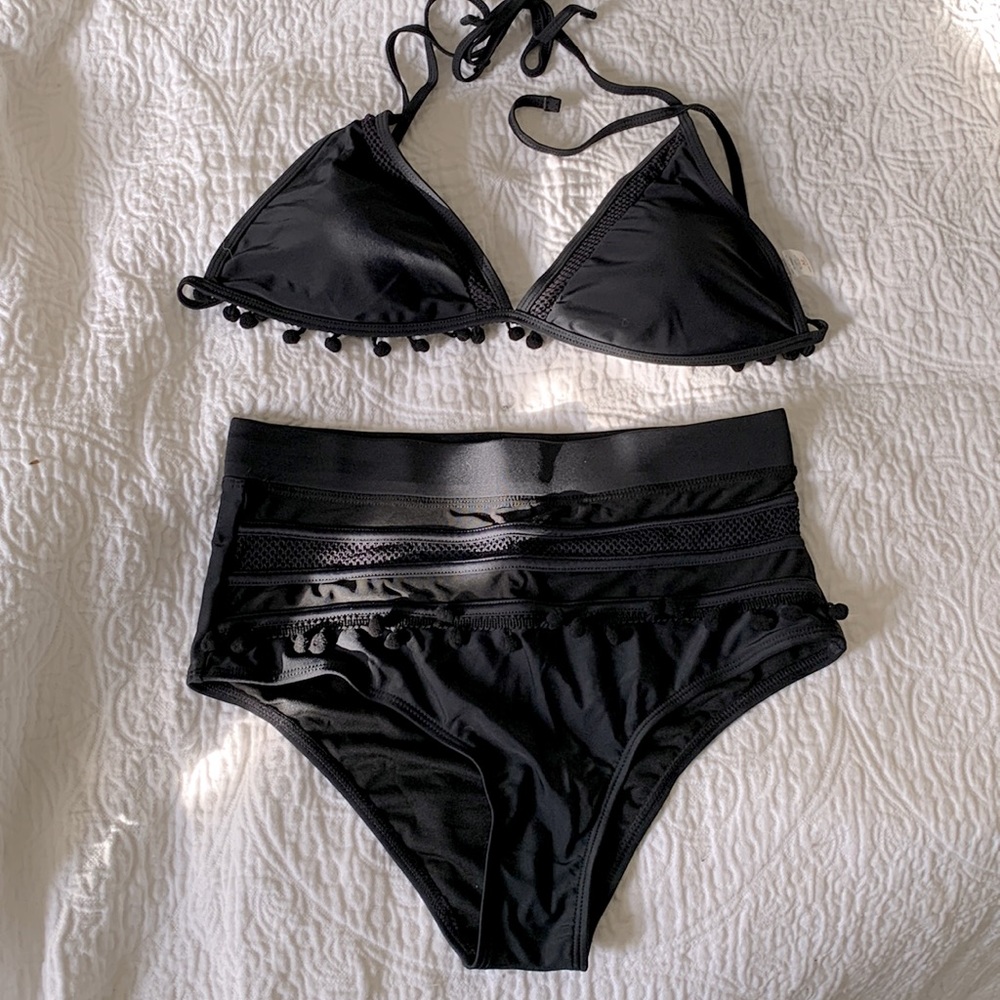 High Waist Two Piece Bikini Set Halter Straps Tassel Swimsuit